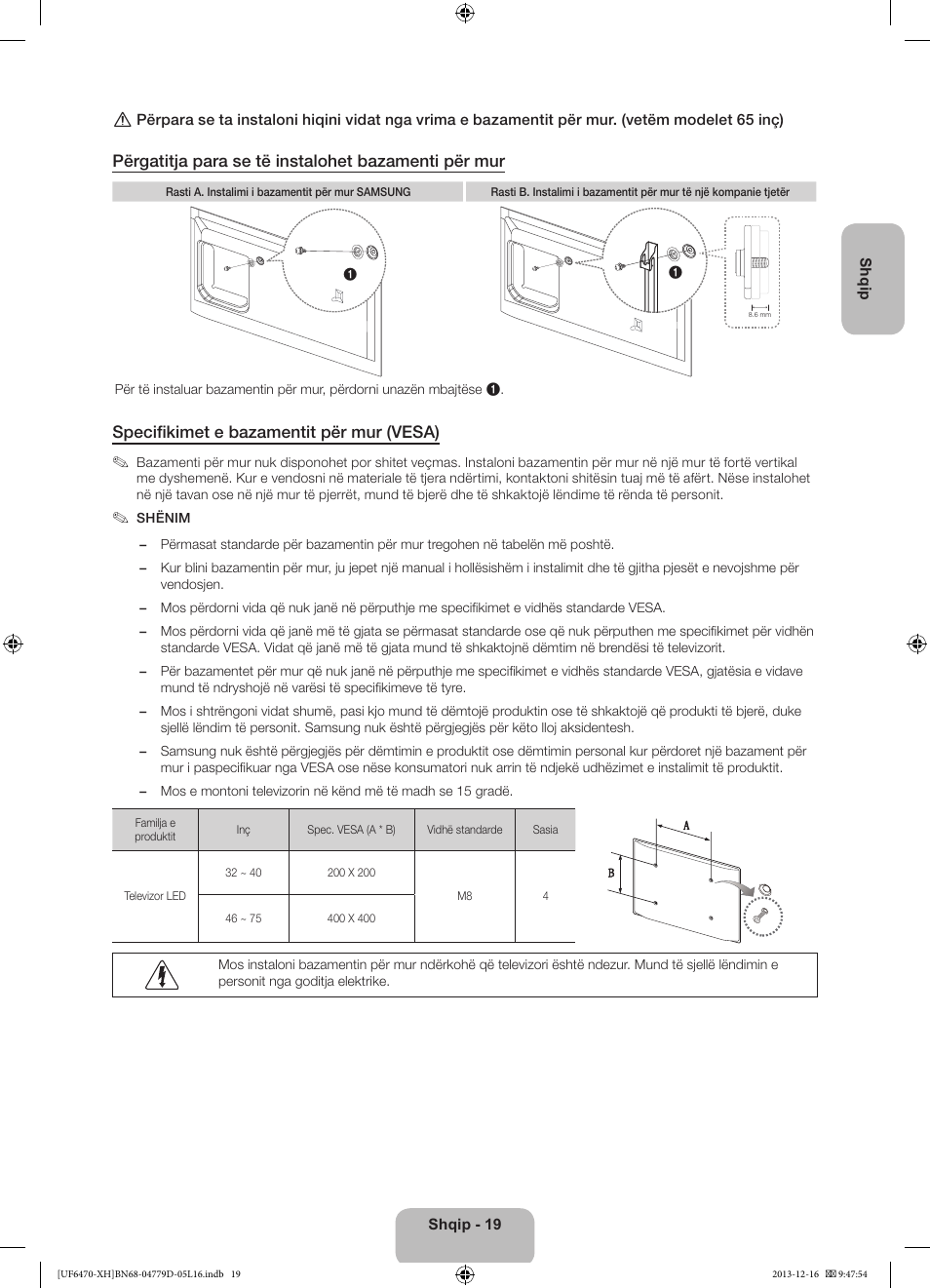 Përgatitja para se të instalohet bazamenti për mur, Specifikimet e bazamentit për mur (vesa) | Samsung UE50F6670SS User Manual | Page 259 / 385