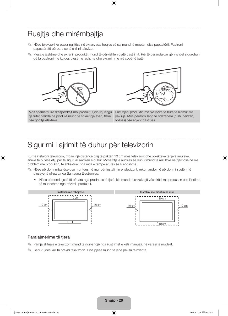 Ruajtja dhe mirëmbajtja, Sigurimi i ajrimit të duhur për televizorin | Samsung UE50F6670SS User Manual | Page 260 / 385