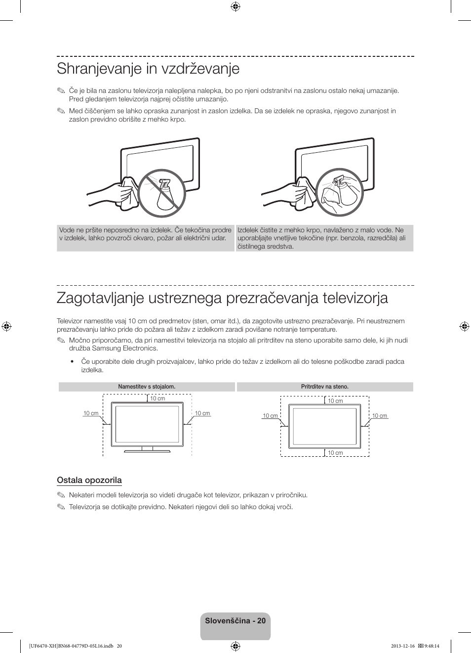 Shranjevanje in vzdrževanje, Zagotavljanje ustreznega prezračevanja televizorja | Samsung UE50F6670SS User Manual | Page 308 / 385