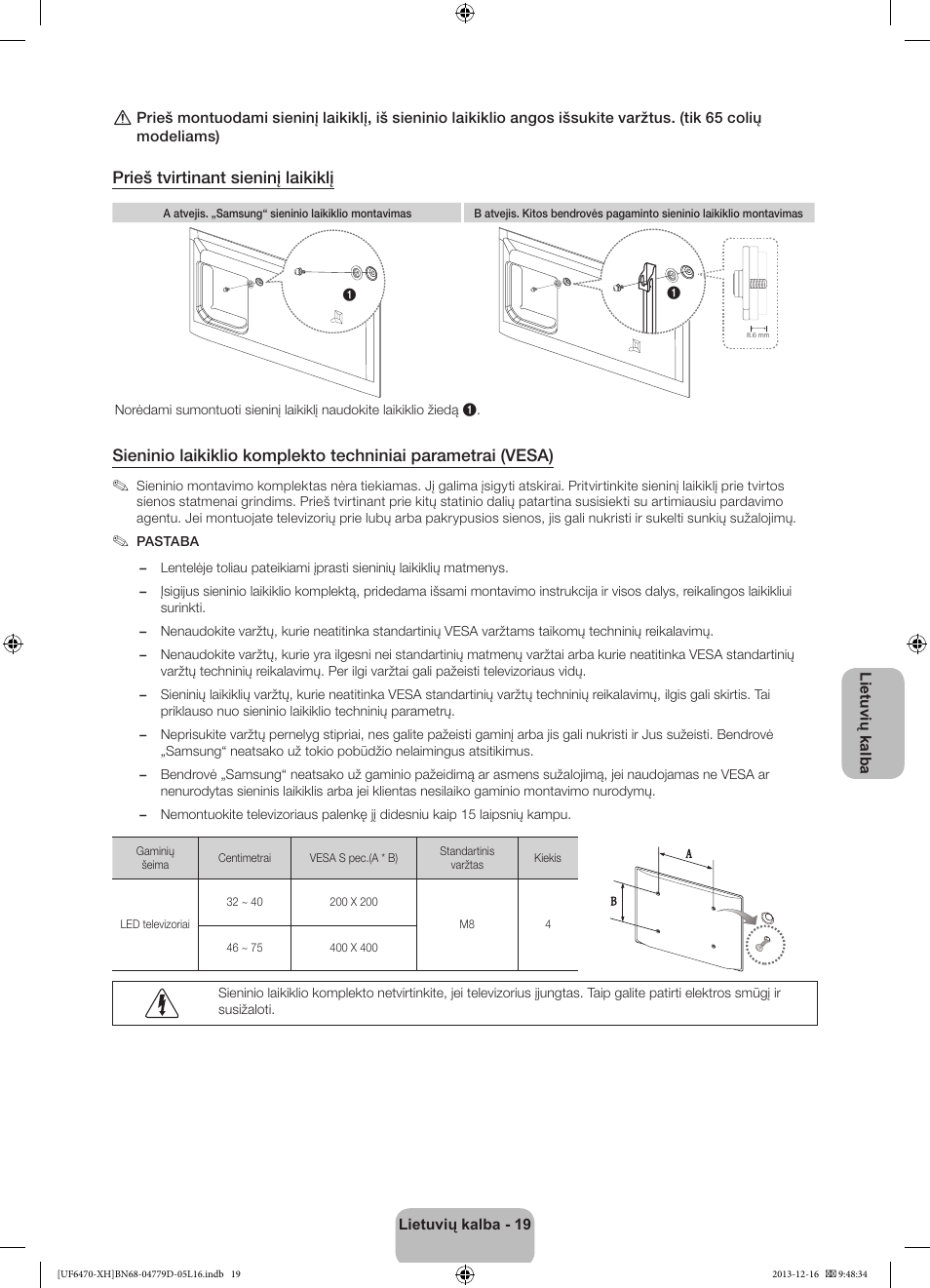 Prieš tvirtinant sieninį laikiklį | Samsung UE50F6670SS User Manual | Page 355 / 385