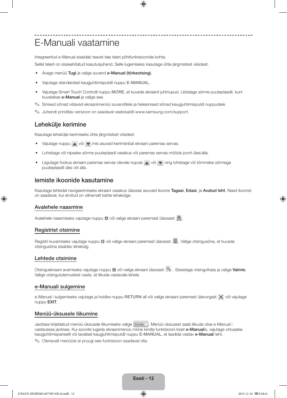 E-manuali vaatamine, Lehekülje kerimine, Lemiste ikoonide kasutamine | Samsung UE50F6670SS User Manual | Page 372 / 385