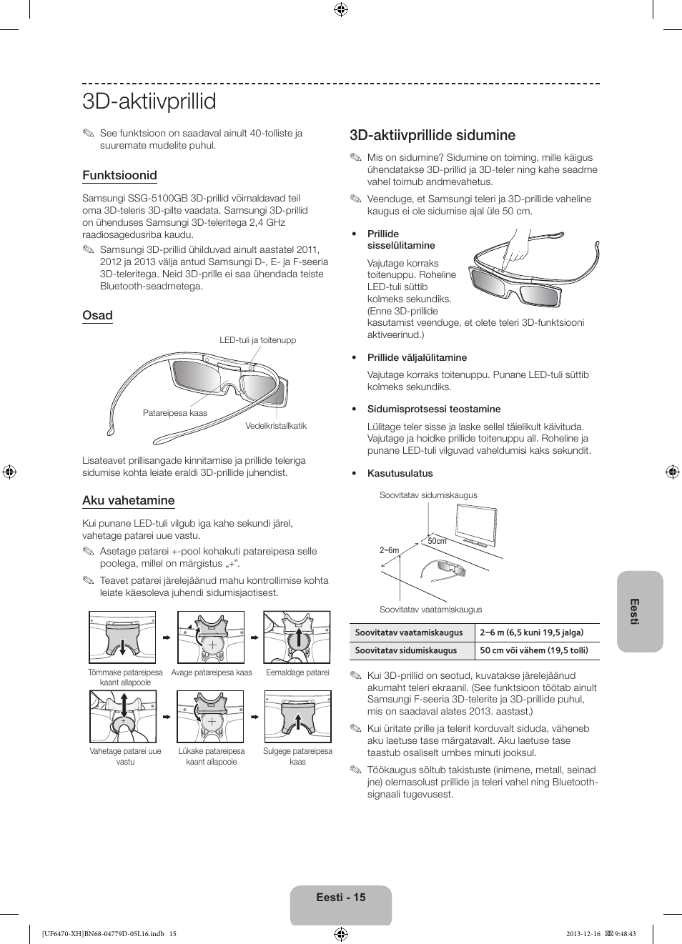 3d-aktiivprillid, 3d-aktiivprillide sidumine | Samsung UE50F6670SS User Manual | Page 375 / 385