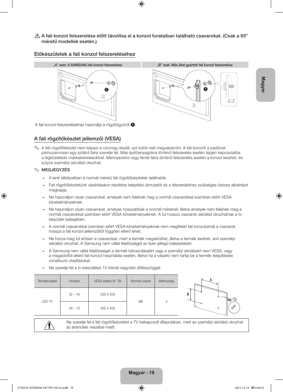 Előkészületek a fali konzol felszereléséhez, A fali rögzítőkészlet jellemzői (vesa) | Samsung UE50F6670SS User Manual | Page 43 / 385