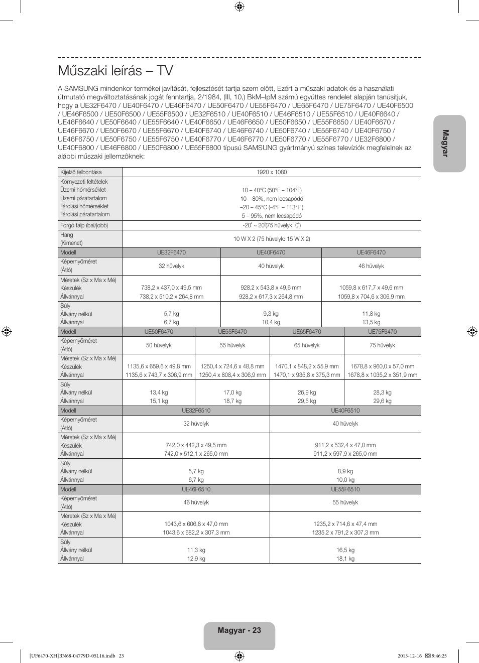 Műszaki leírás – tv | Samsung UE50F6670SS User Manual | Page 47 / 385