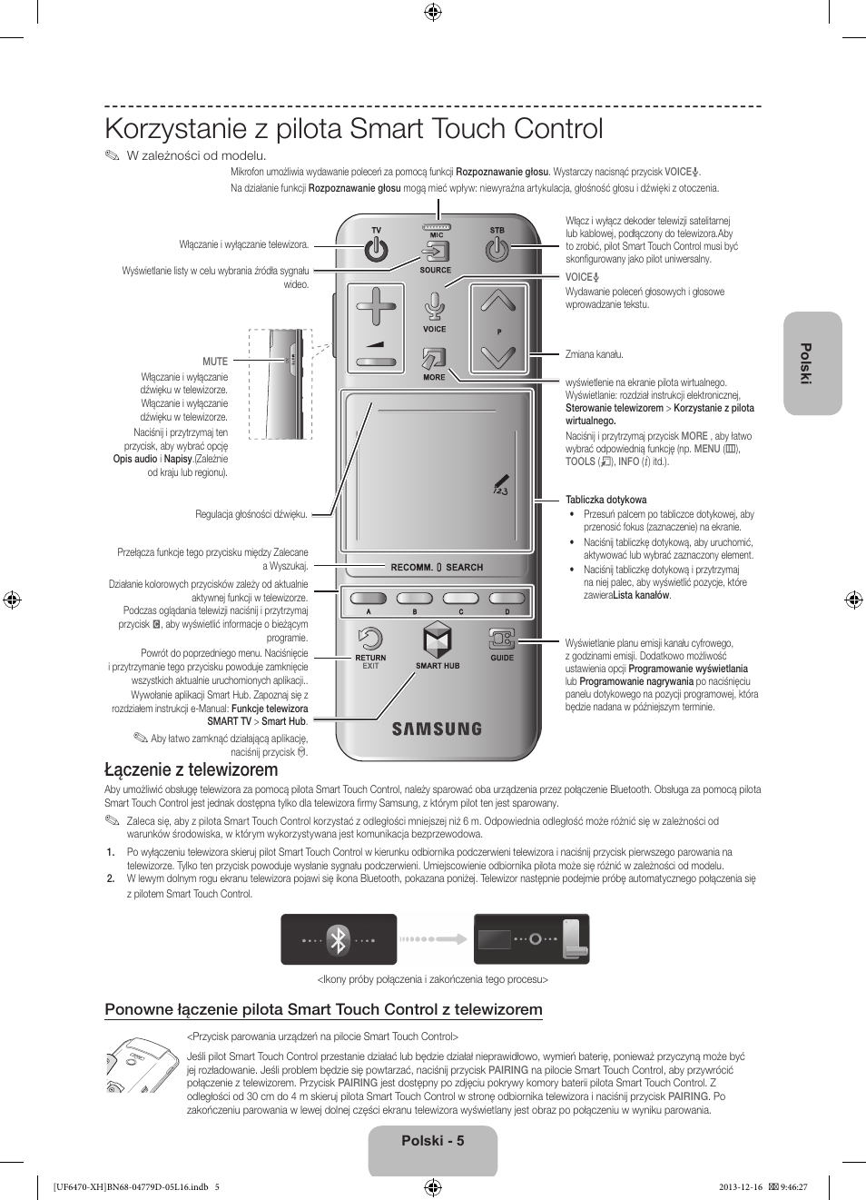 Korzystanie z pilota smart touch control, Łączenie z telewizorem | Samsung UE50F6670SS User Manual | Page 53 / 385