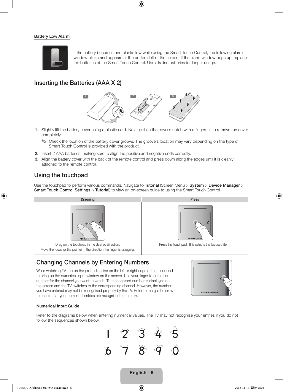 Inserting the batteries (aaa x 2), Using the touchpad, Changing channels by entering numbers | Samsung UE50F6670SS User Manual | Page 6 / 385