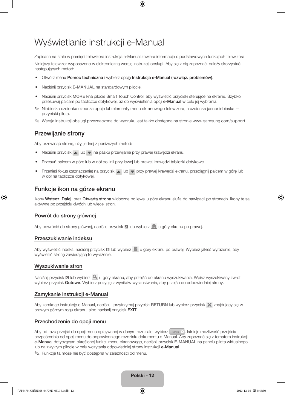 Wyświetlanie instrukcji e-manual, Przewijanie strony, Funkcje ikon na górze ekranu | Samsung UE50F6670SS User Manual | Page 60 / 385