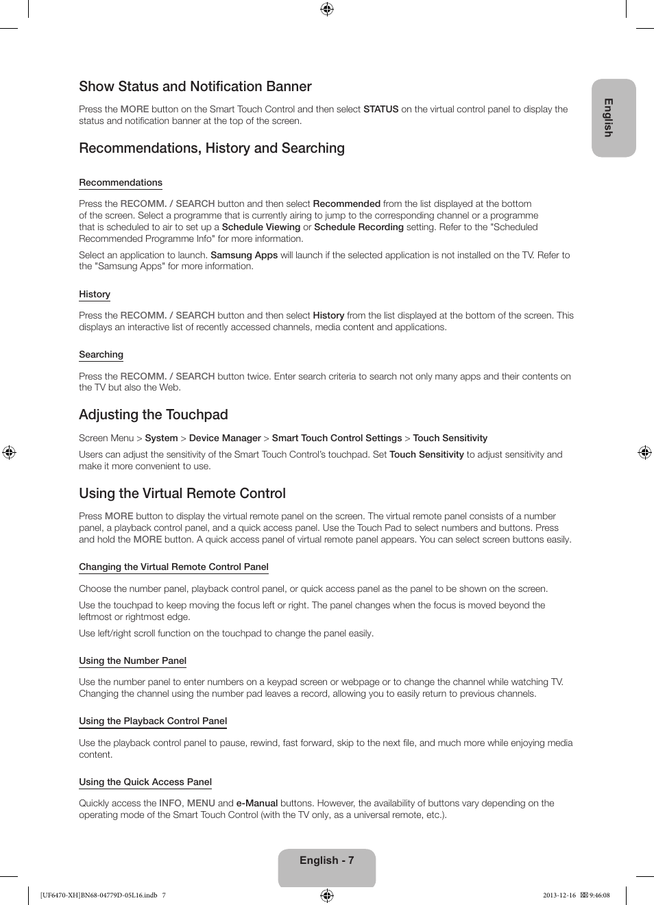 Show status and notification banner, Recommendations, history and searching, Adjusting the touchpad | Using the virtual remote control | Samsung UE50F6670SS User Manual | Page 7 / 385