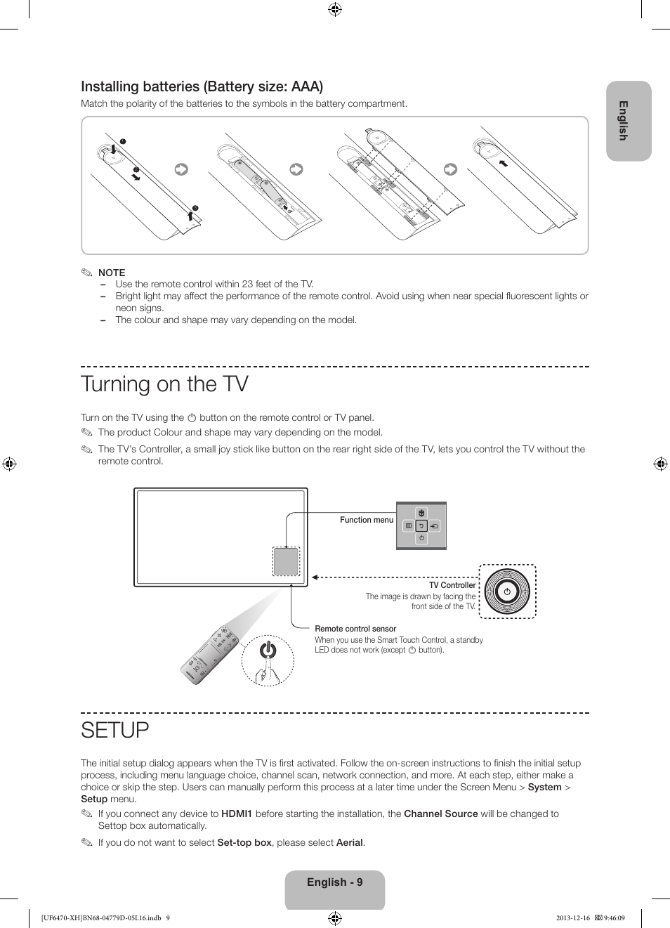 Turning on the tv, Setup, Installing batteries (battery size: aaa) | Samsung UE50F6670SS User Manual | Page 9 / 385