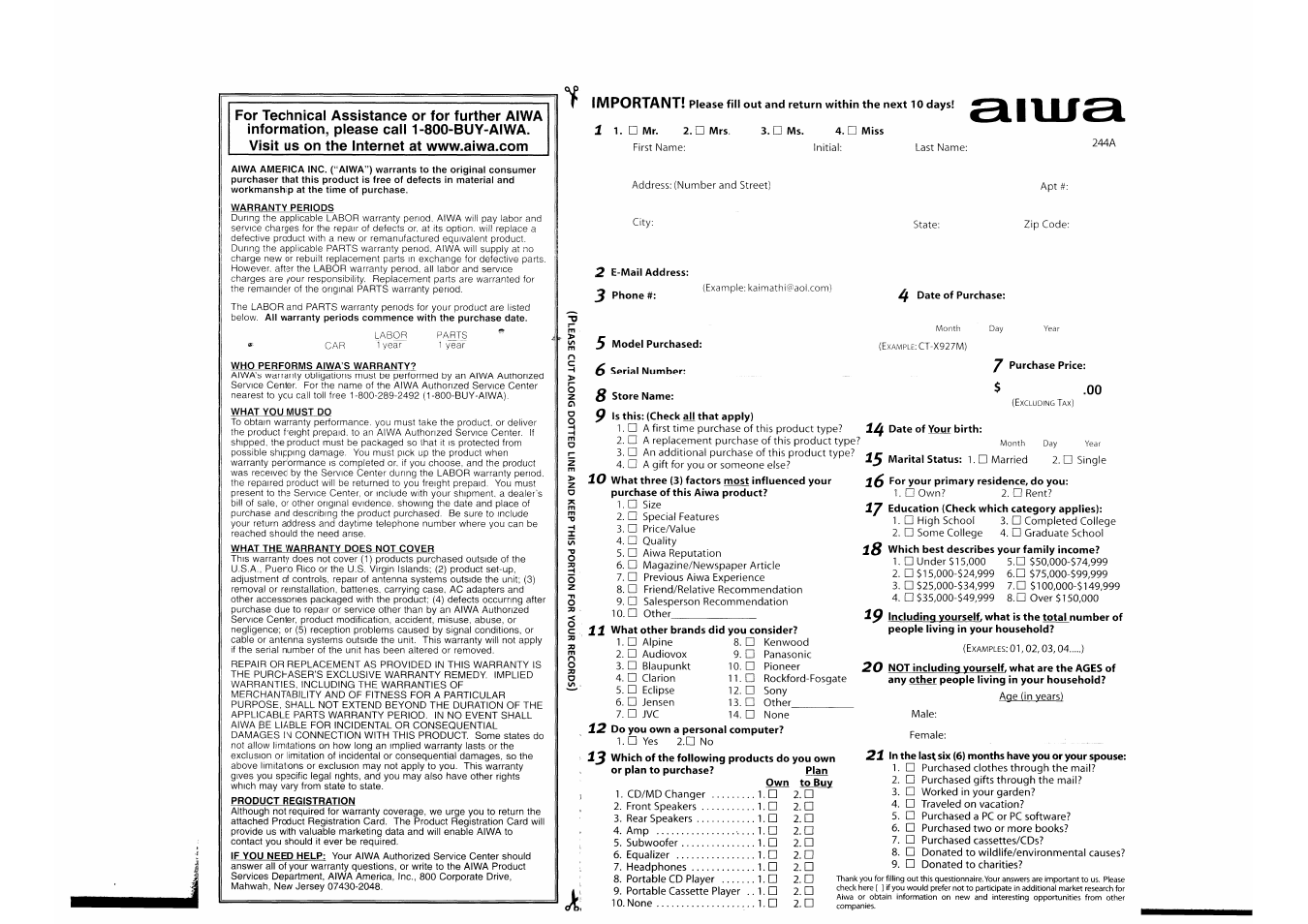 Warranty info | Aiwa CDC-X527M User Manual | Page 17 / 17