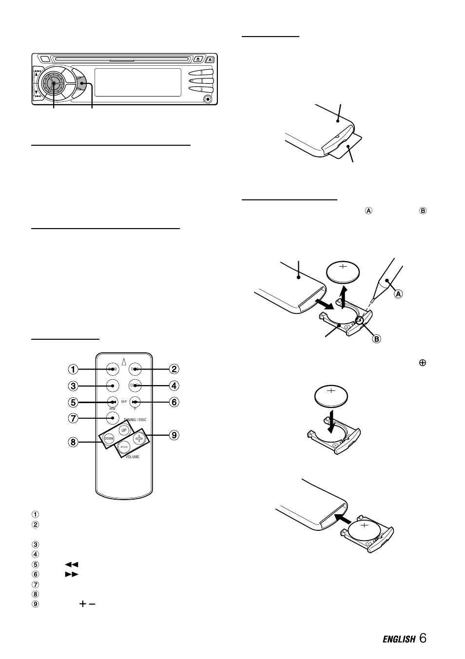 Remote buttons, Other functions, Card remote control | Changing the key illumination color, Setting the dimmer of the display, Names of parts, Preparations, Replacing the battery | Aiwa CDC-X527M User Manual | Page 7 / 17