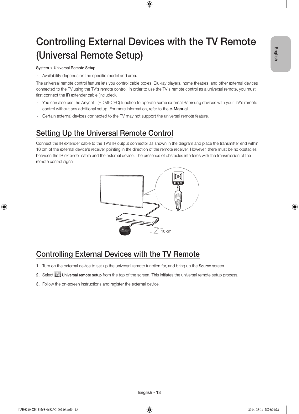 Controlling external devices with the tv remote, Universal remote setup, Setting up the universal remote control | Samsung UE60H6270SS User Manual | Page 13 / 321