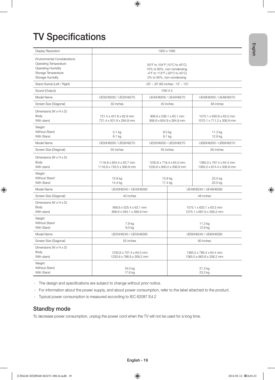 10 specifications and other information, Tv specifications, Standby mode | Samsung UE60H6270SS User Manual | Page 19 / 321