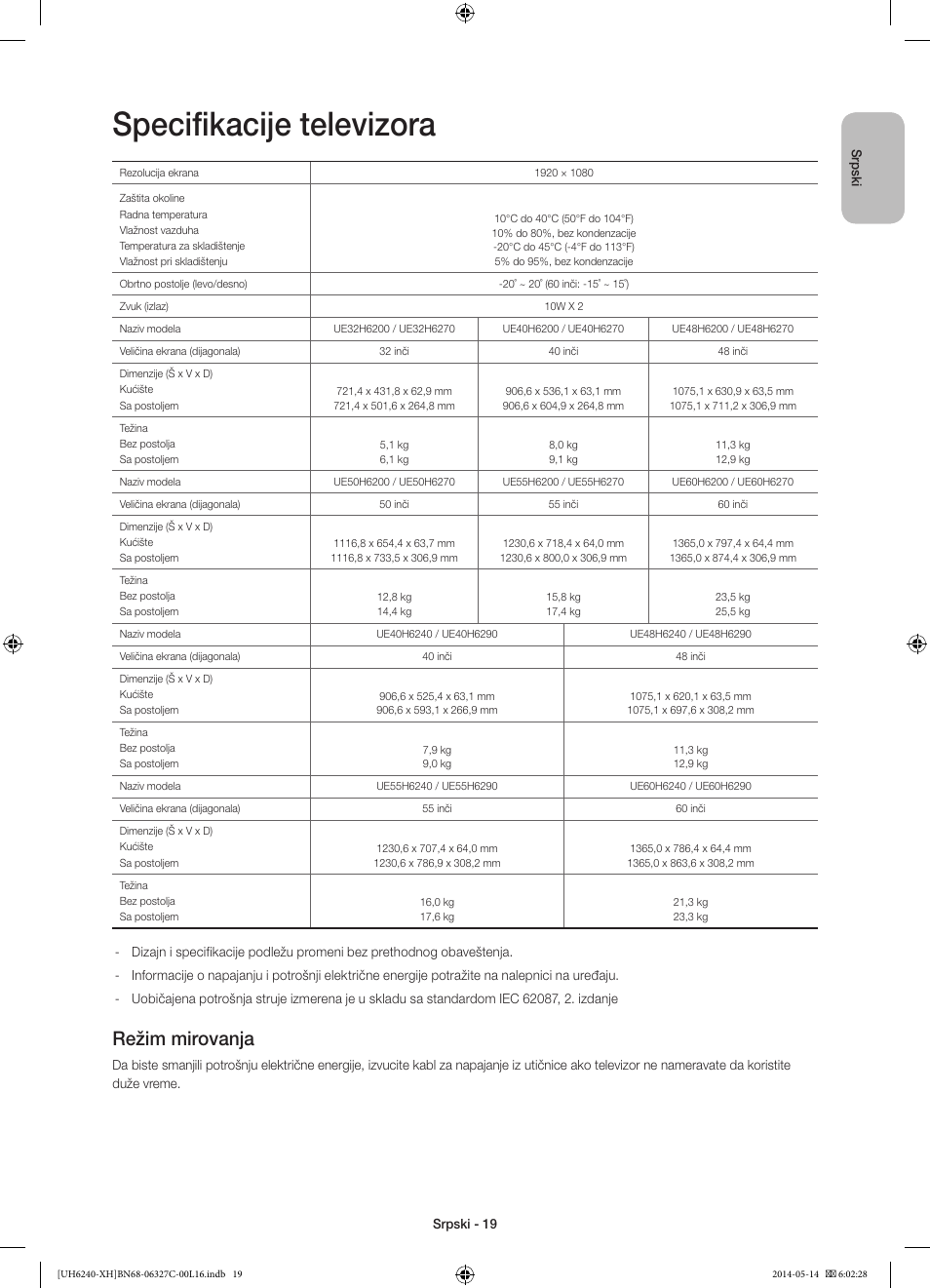 Specifikacije televizora, Režim mirovanja | Samsung UE60H6270SS User Manual | Page 199 / 321