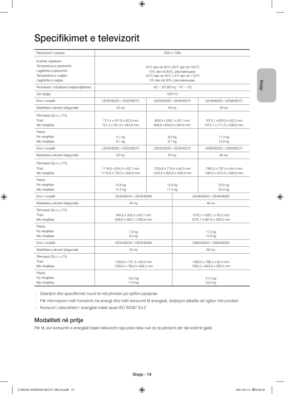 Specifikimet e televizorit, Modaliteti në pritje | Samsung UE60H6270SS User Manual | Page 219 / 321