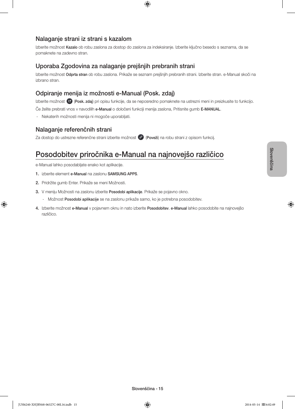 Nalaganje strani iz strani s kazalom, Odpiranje menija iz možnosti e-manual (posk. zdaj), Nalaganje referenčnih strani | Samsung UE60H6270SS User Manual | Page 255 / 321