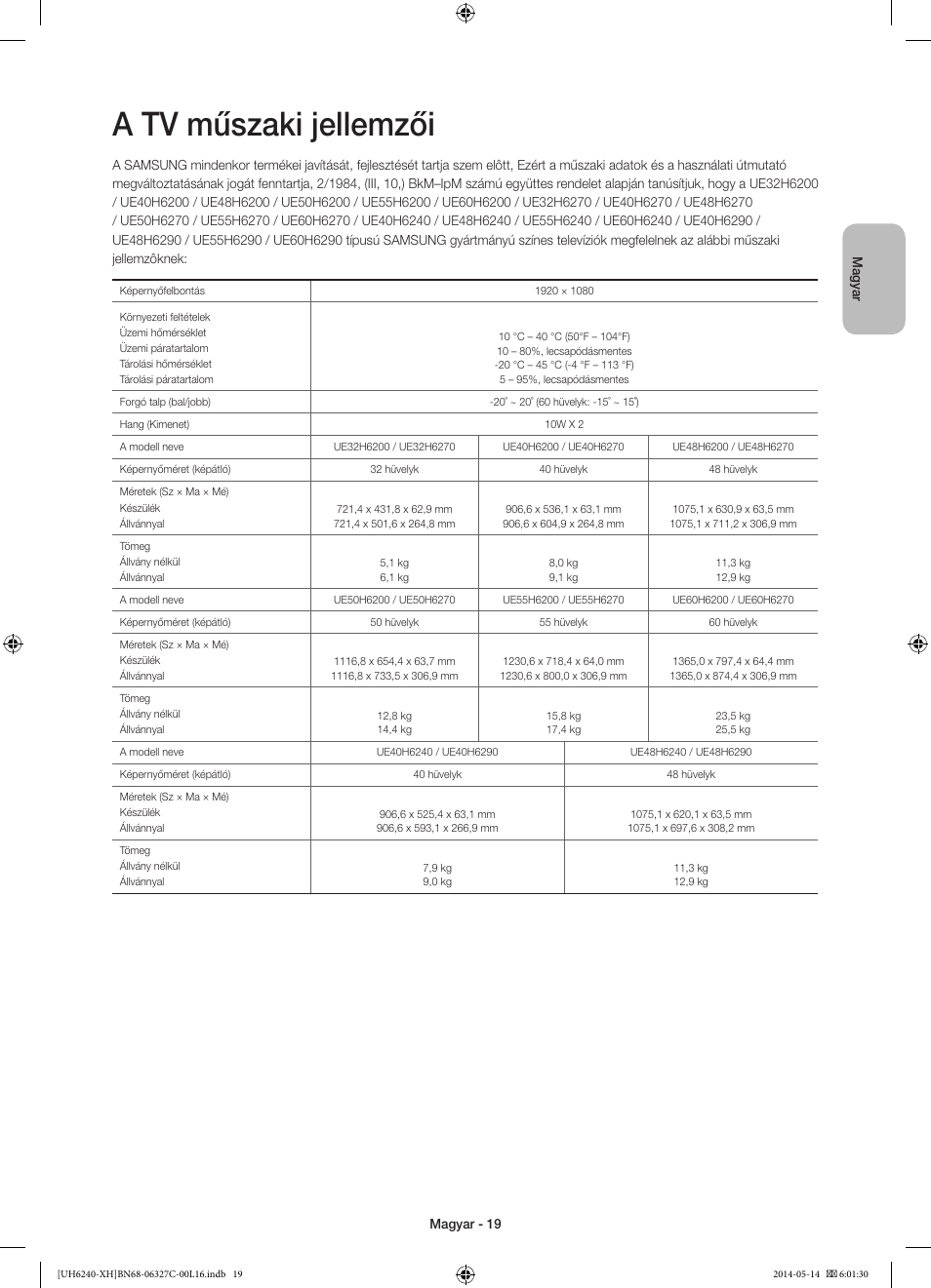 A tv műszaki jellemzői | Samsung UE60H6270SS User Manual | Page 39 / 321