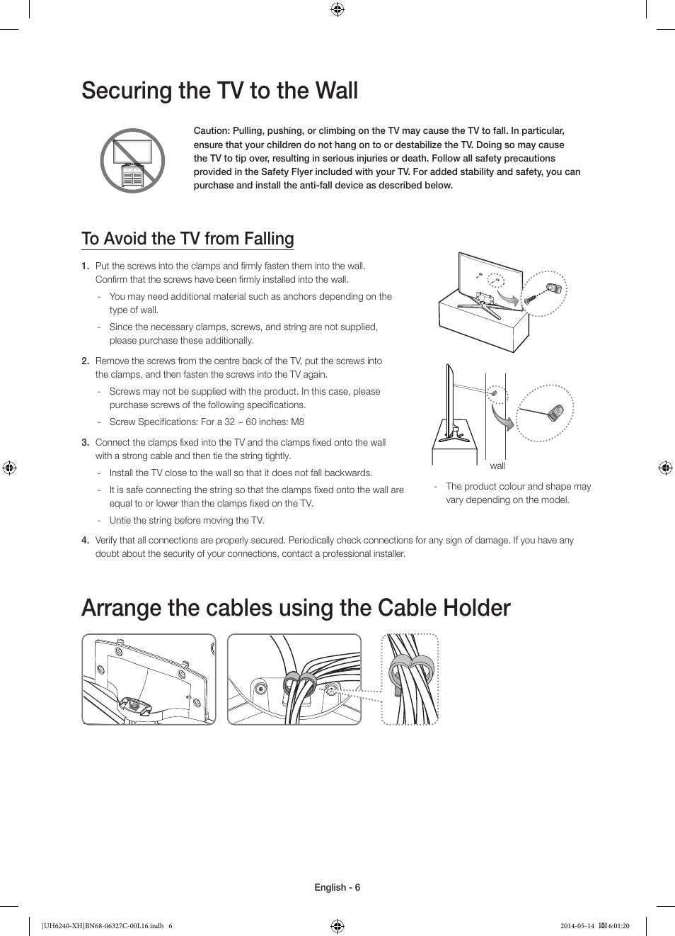 Securing the tv to the wall, Arrange the cables using the cable holder | Samsung UE60H6270SS User Manual | Page 6 / 321