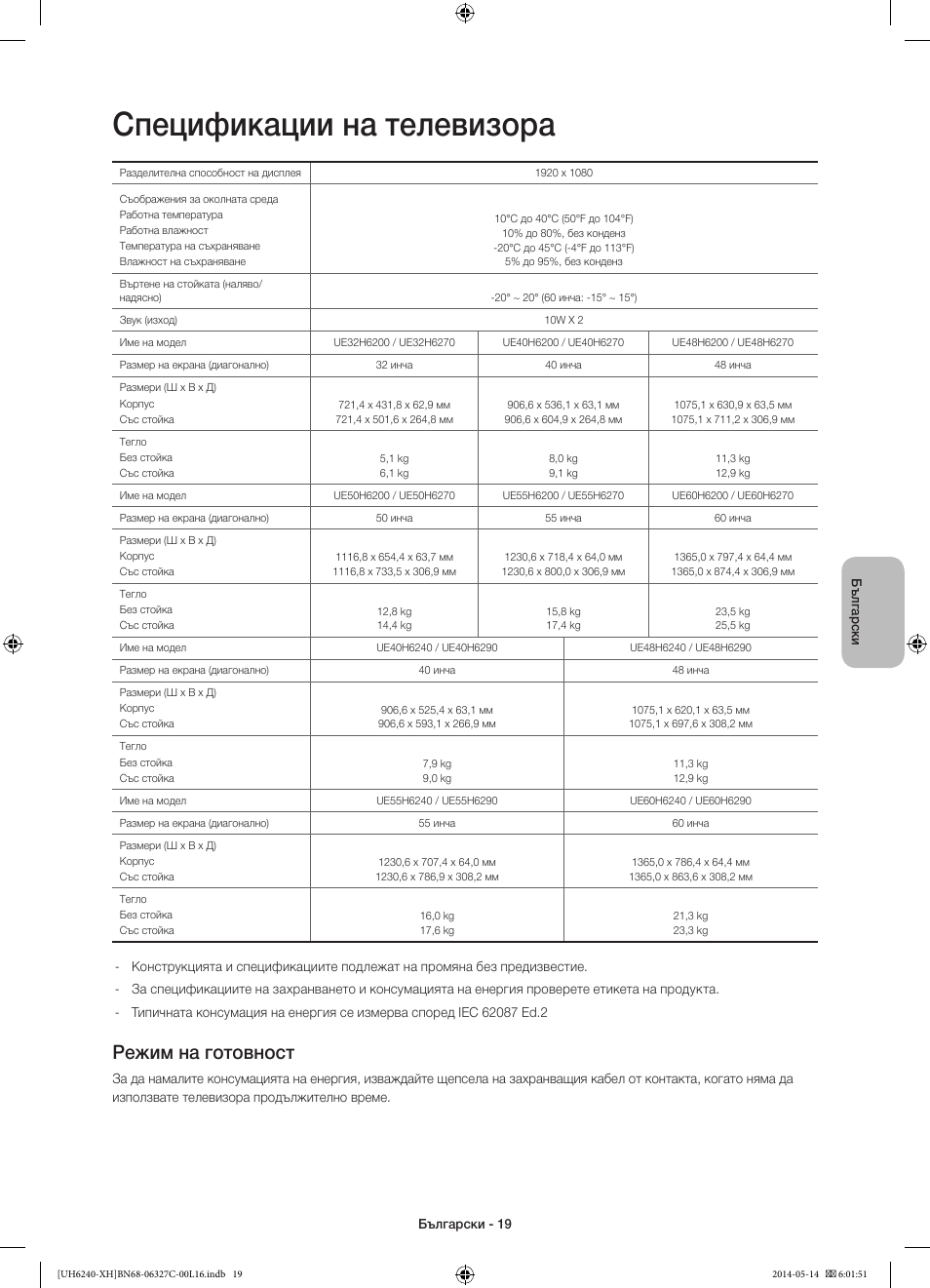 Спецификации на телевизора, Режим на готовност | Samsung UE60H6270SS User Manual | Page 99 / 321