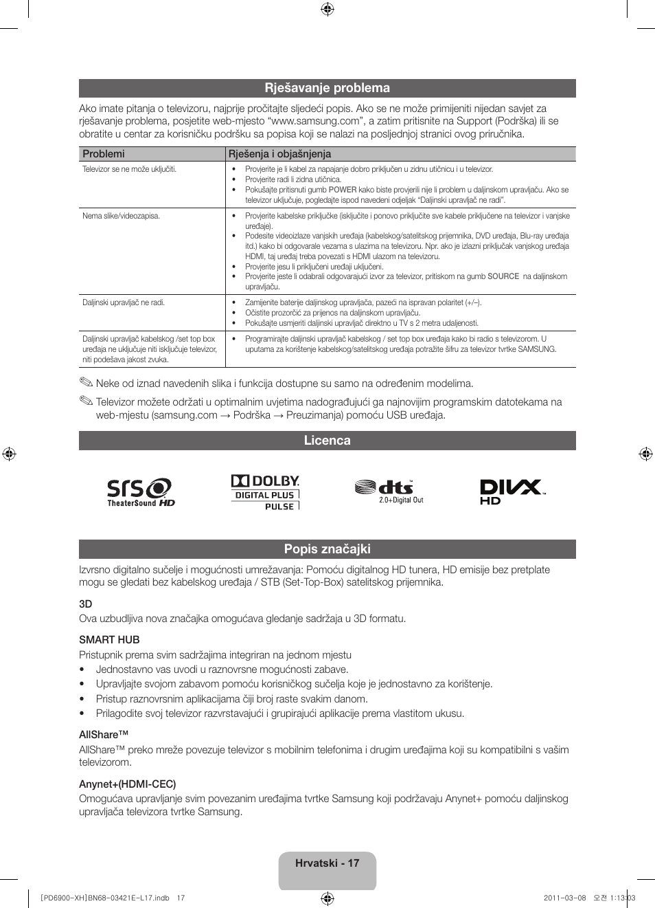 Rješavanje problema, Licenca popis značajki | Samsung PS51D6900DS User Manual | Page 109 / 310