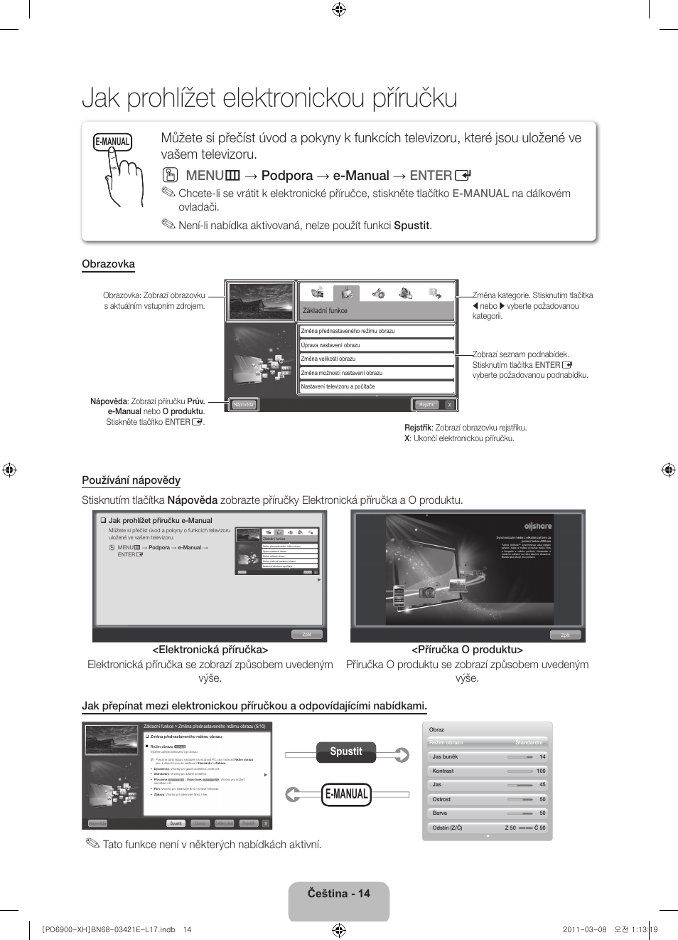Jak prohlížet elektronickou příručku, Menu m → podpora → e-manual → enter e, E-manual | Čeština - 14, Tato funkce není v některých nabídkách aktivní, Spustit | Samsung PS51D6900DS User Manual | Page 124 / 310