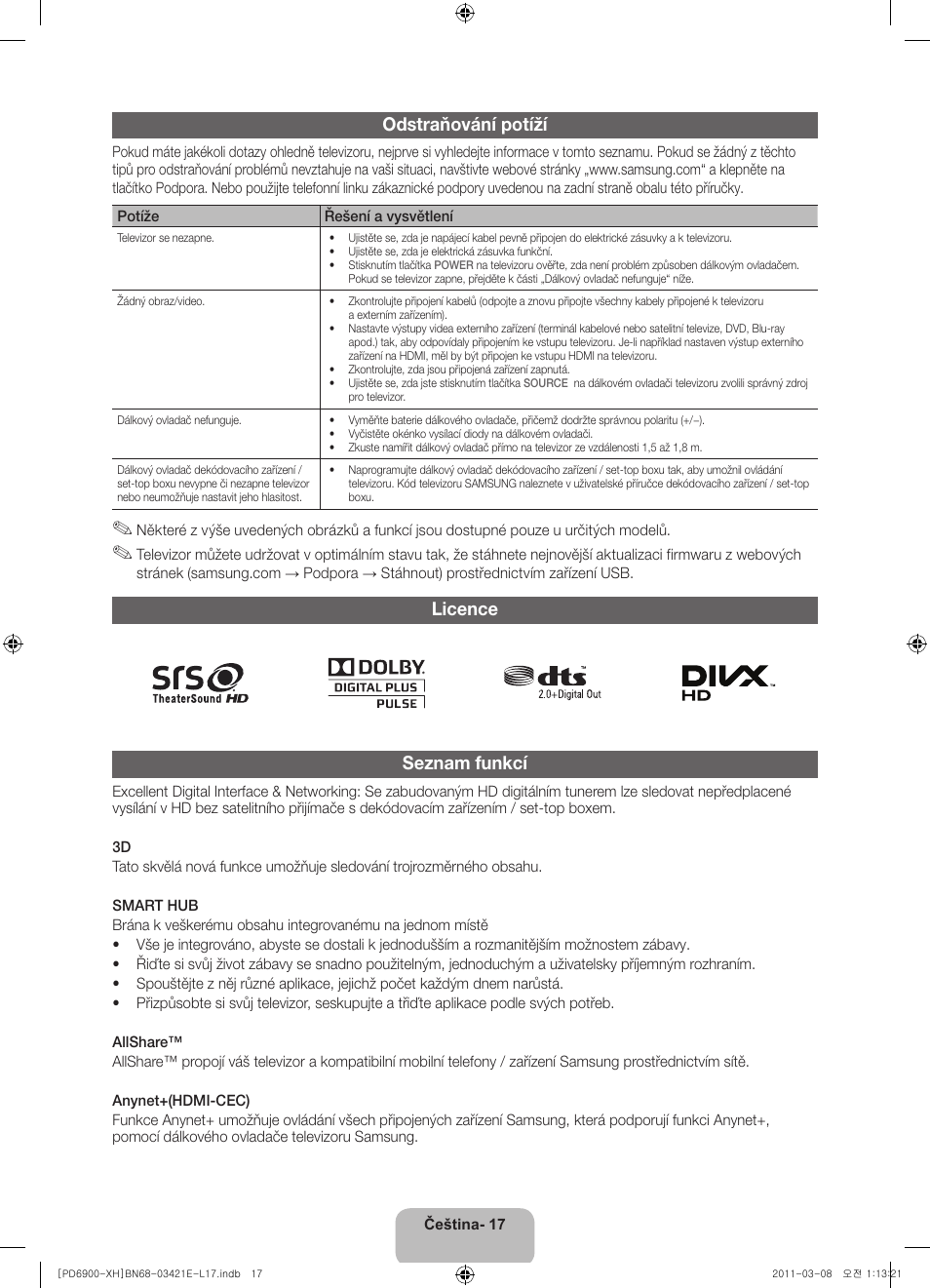 Odstraňování potíží, Licence seznam funkcí | Samsung PS51D6900DS User Manual | Page 127 / 310