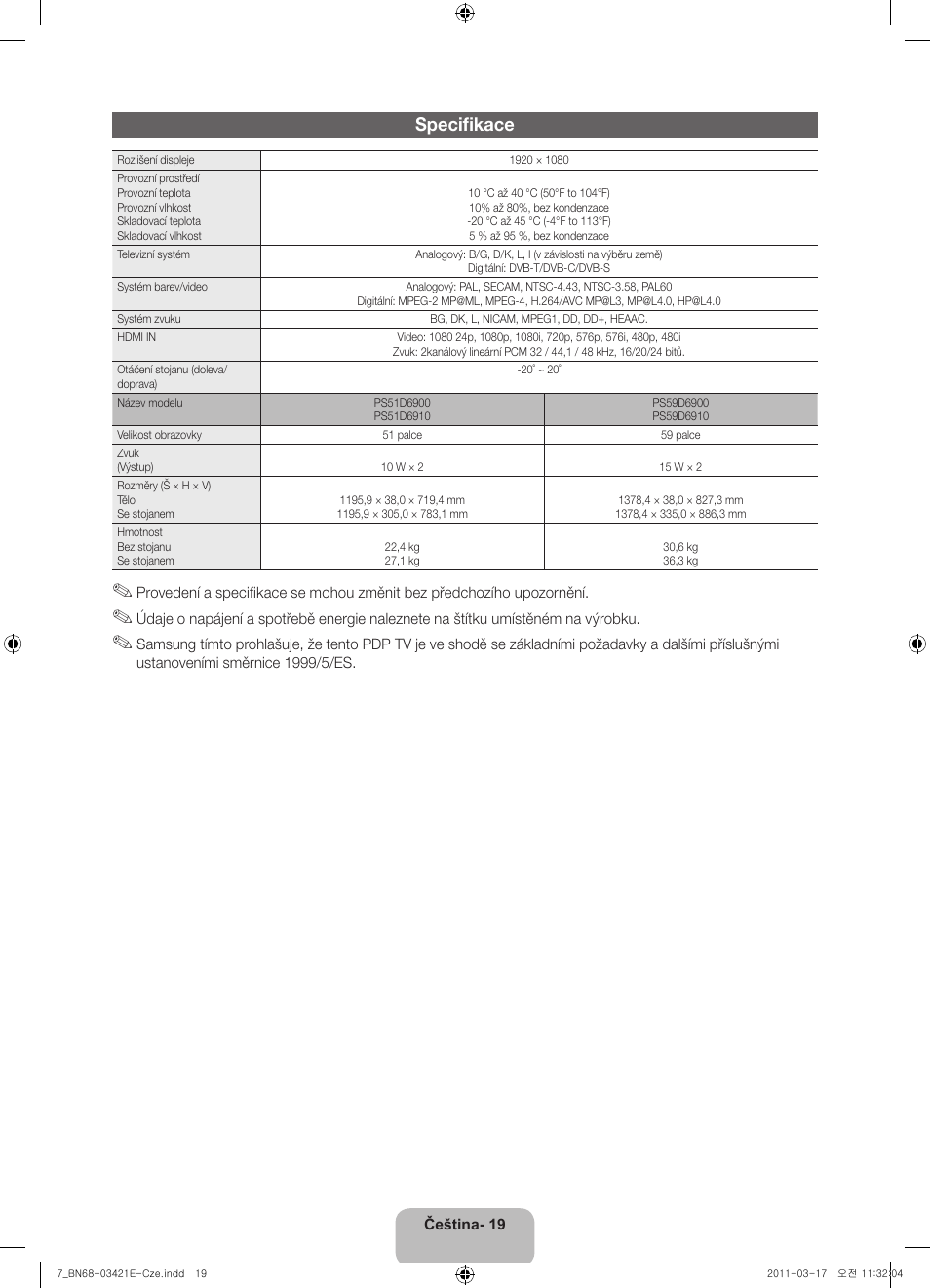 Specifikace | Samsung PS51D6900DS User Manual | Page 129 / 310