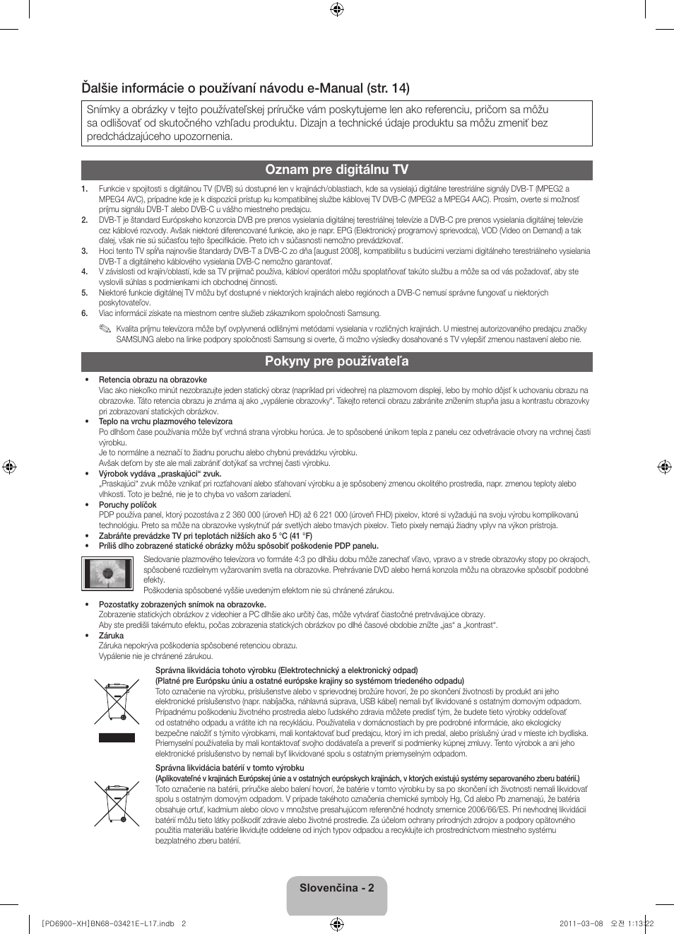 Oznam pre digitálnu tv, Pokyny pre používateľa | Samsung PS51D6900DS User Manual | Page 130 / 310