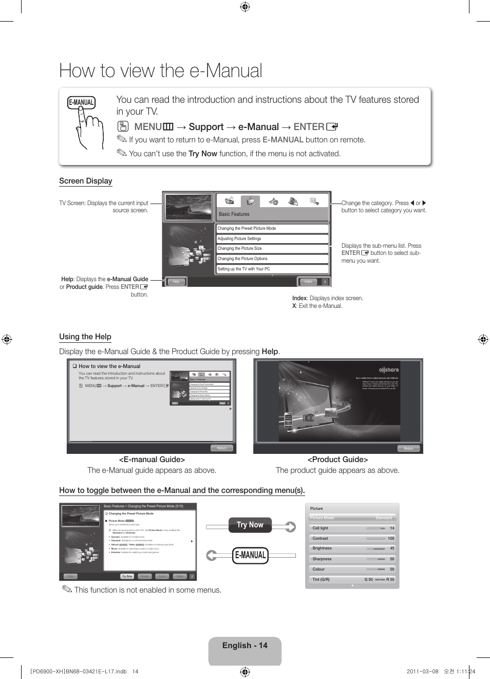 How to view the e-manual, Menu m → support → e-manual → enter e, E-manual | English - 14, This function is not enabled in some menus, Try now | Samsung PS51D6900DS User Manual | Page 14 / 310