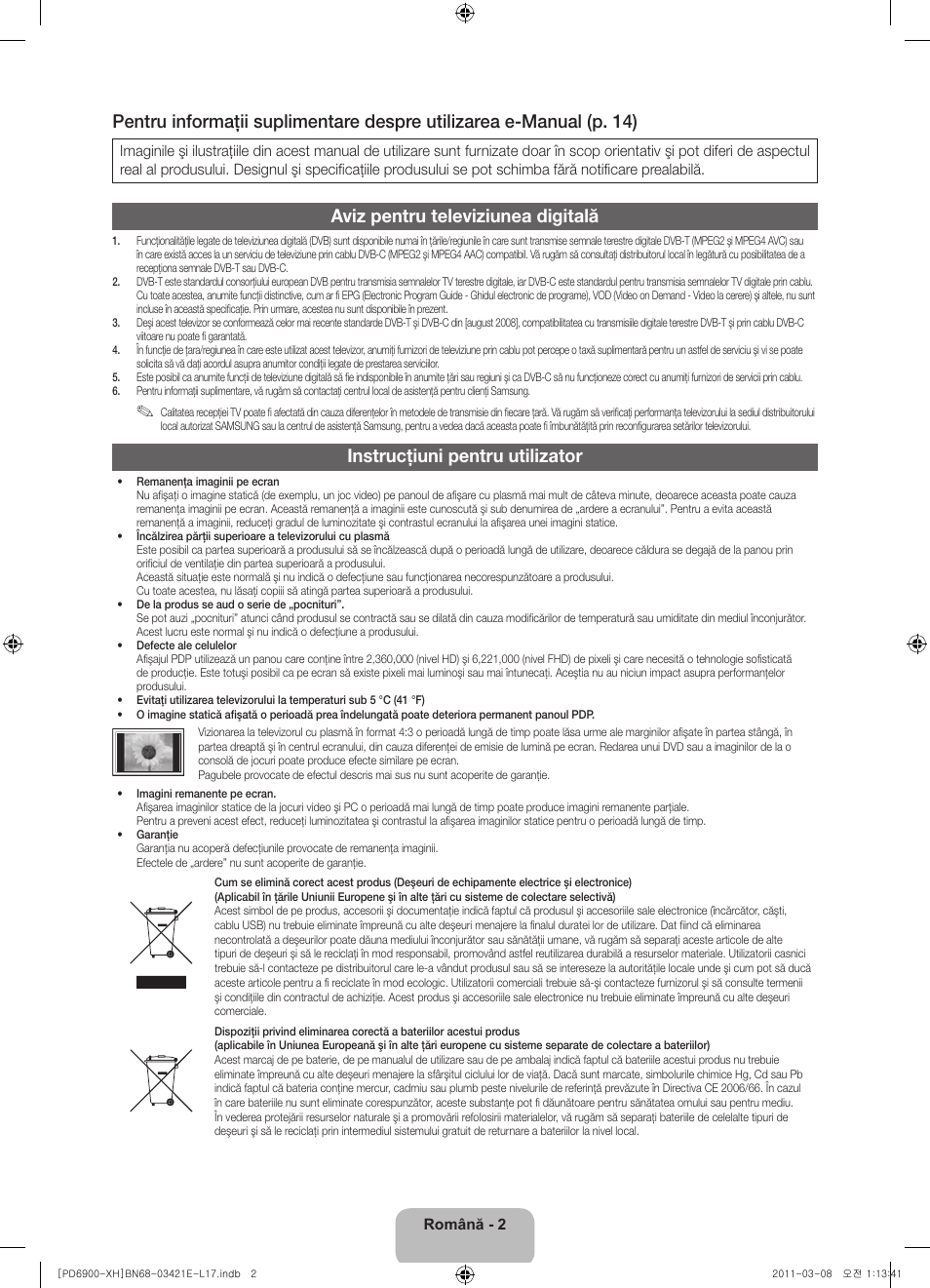 Aviz pentru televiziunea digitală, Instrucţiuni pentru utilizator | Samsung PS51D6900DS User Manual | Page 148 / 310