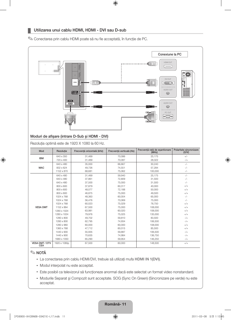 Utilizarea unui cablu hdmi, hdmi - dvi sau d-sub | Samsung PS51D6900DS User Manual | Page 157 / 310