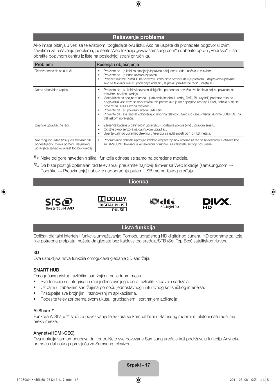 Rešavanje problema, Licenca lista funkcija | Samsung PS51D6900DS User Manual | Page 181 / 310