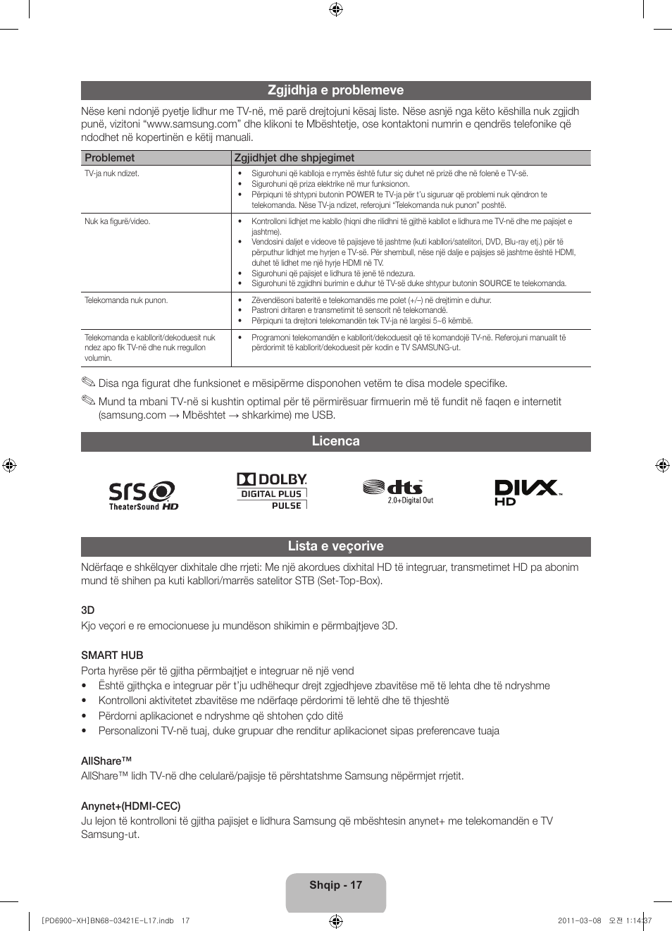 Zgjidhja e problemeve, Licenca lista e veçorive | Samsung PS51D6900DS User Manual | Page 199 / 310