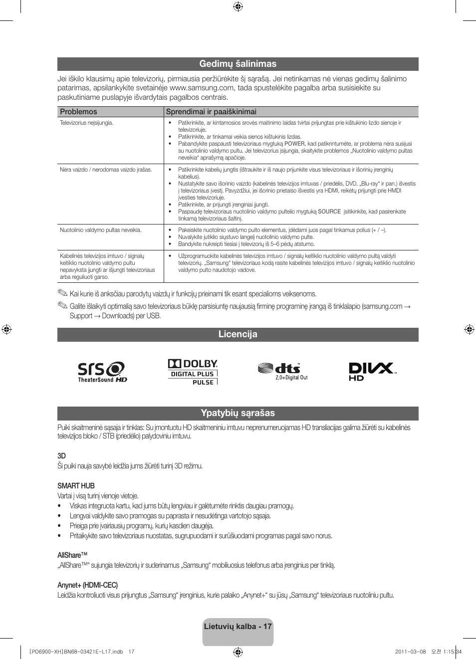 Gedimų šalinimas, Licencija ypatybių sąrašas | Samsung PS51D6900DS User Manual | Page 253 / 310