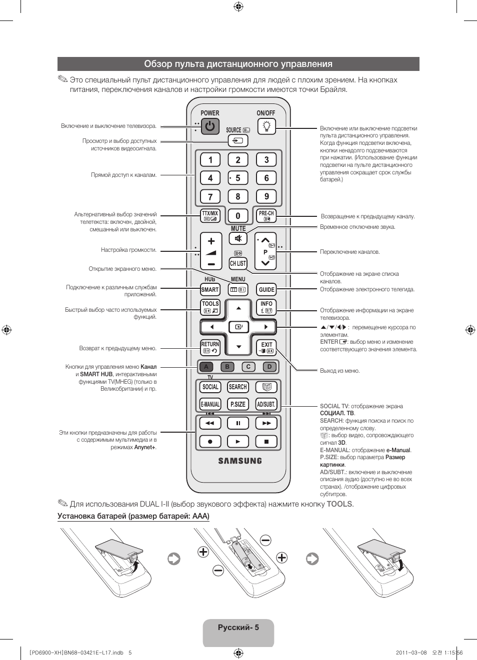 Обзор пульта дистанционного управления | Samsung PS51D6900DS User Manual | Page 277 / 310