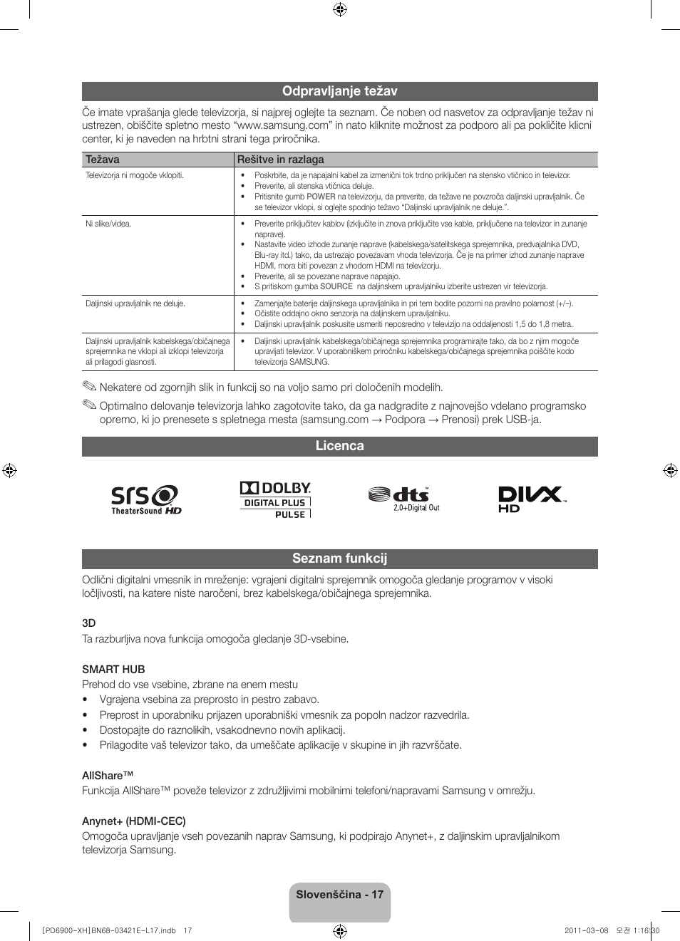 Odpravljanje težav, Licenca seznam funkcij | Samsung PS51D6900DS User Manual | Page 307 / 310
