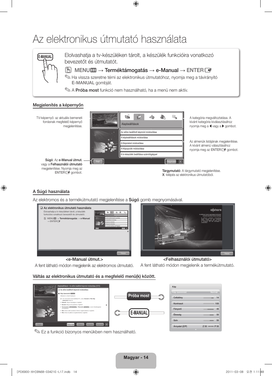 Az elektronikus útmutató használata, Menu m → terméktámogatás → e-manual → enter e, E-manual | Magyar - 14, Ez a funkció bizonyos menükben nem használható, Próba most | Samsung PS51D6900DS User Manual | Page 34 / 310