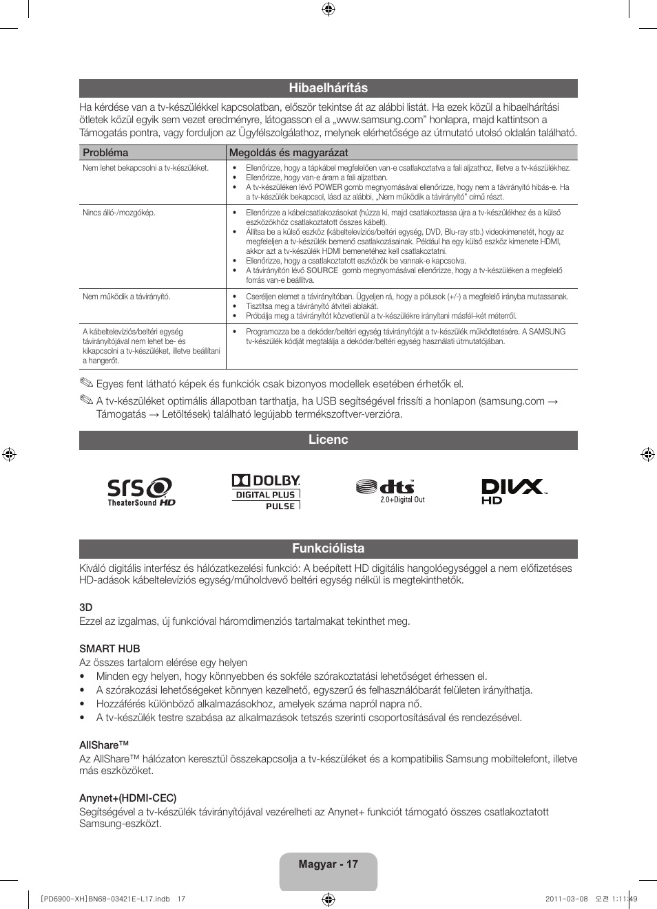 Hibaelhárítás, Licenc funkciólista | Samsung PS51D6900DS User Manual | Page 37 / 310