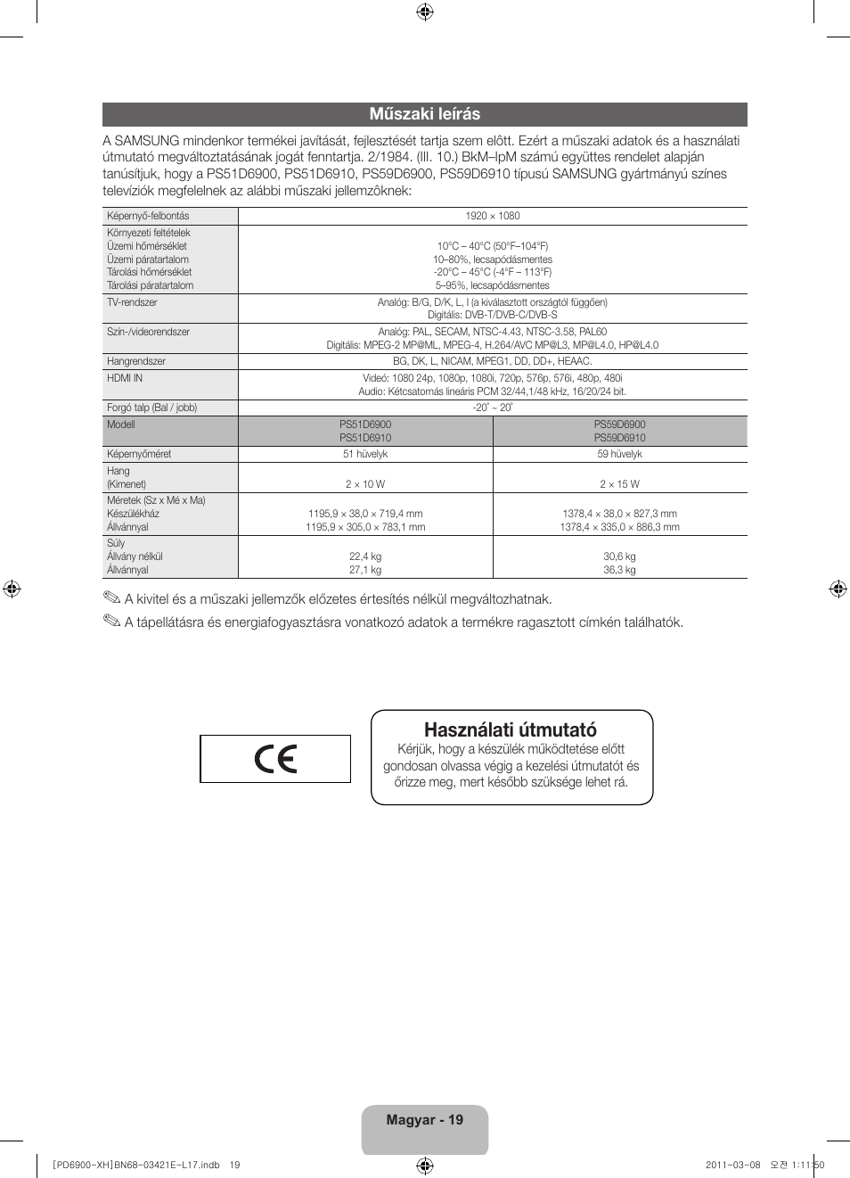 Használati útmutató, Műszaki leírás | Samsung PS51D6900DS User Manual | Page 39 / 310