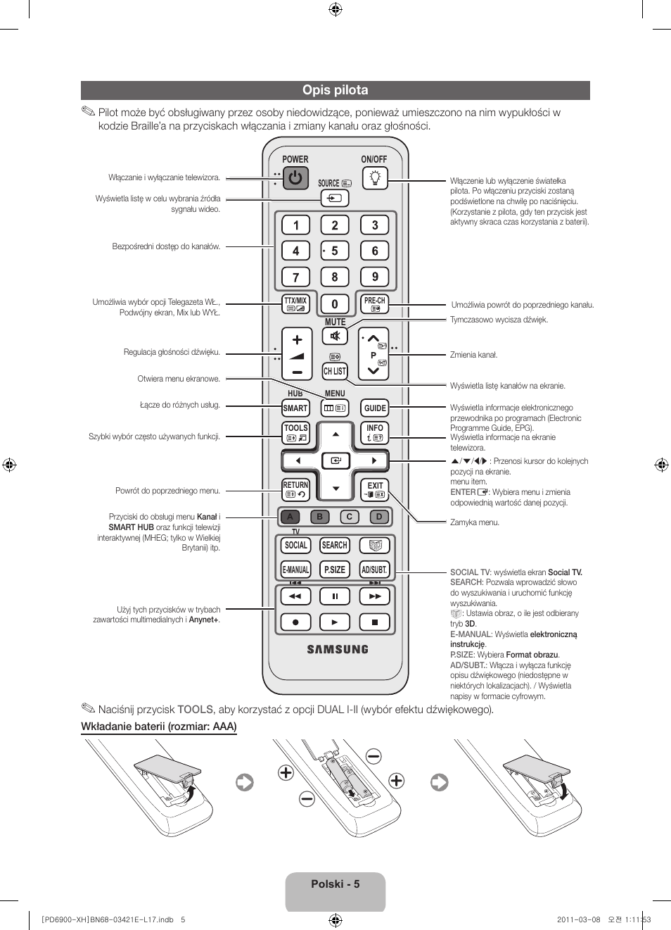 Opis pilota | Samsung PS51D6900DS User Manual | Page 43 / 310