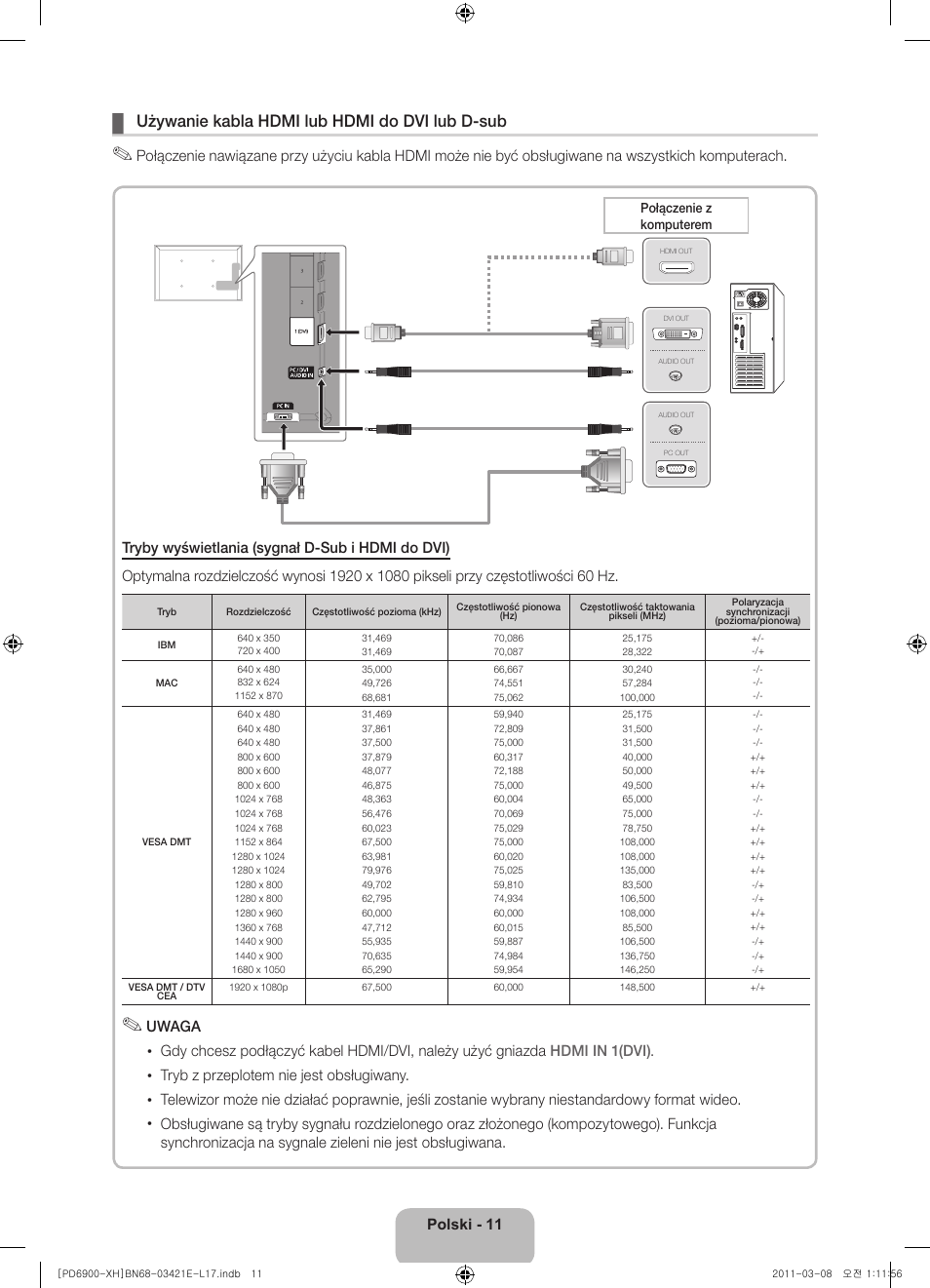 Używanie kabla hdmi lub hdmi do dvi lub d-sub | Samsung PS51D6900DS User Manual | Page 49 / 310