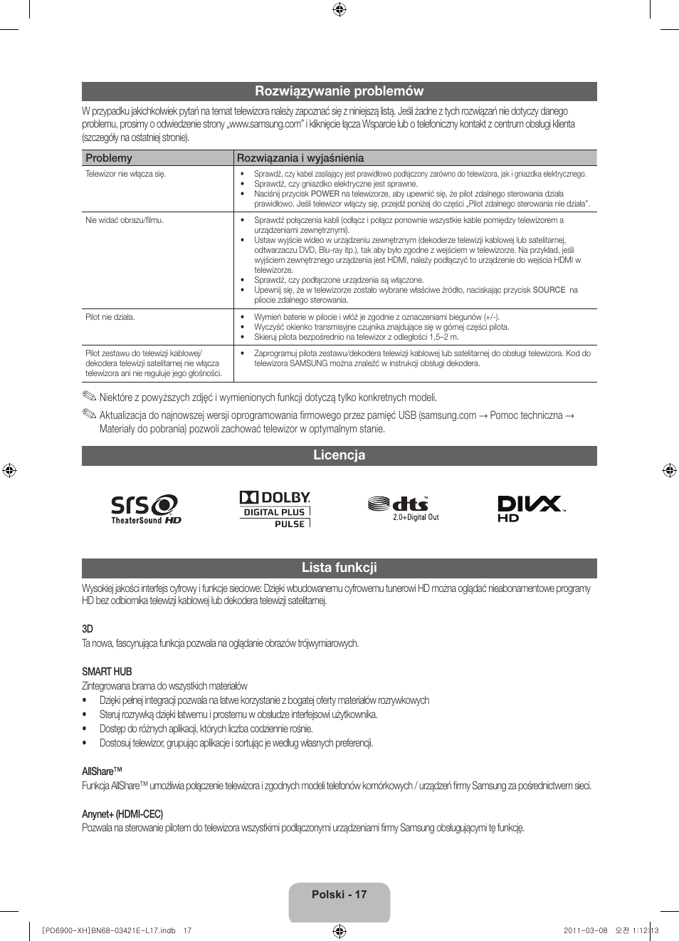 Rozwiązywanie problemów, Licencja lista funkcji | Samsung PS51D6900DS User Manual | Page 55 / 310