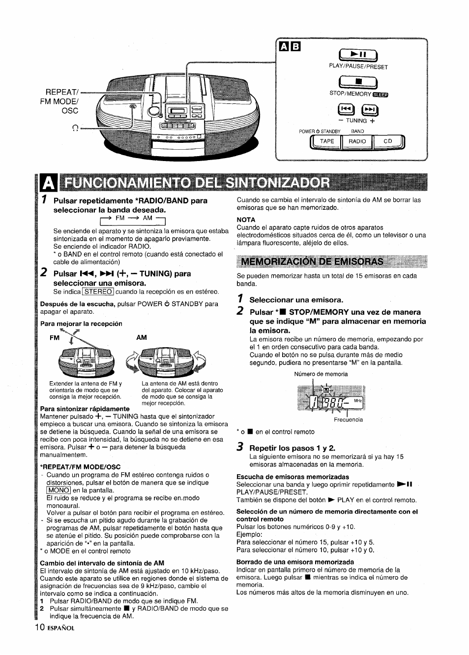 Ii n, Funcionamiento del sintoniza, Para sintonizar rápidamente | Repeat/fm mode/osc, Cambio del intervalo de sintonía de am, Nota, Memorización de emisoras, Escucha de emisoras memorizadas, Borrado de una emisora memorizada | Aiwa CSD-ED87 User Manual | Page 10 / 20