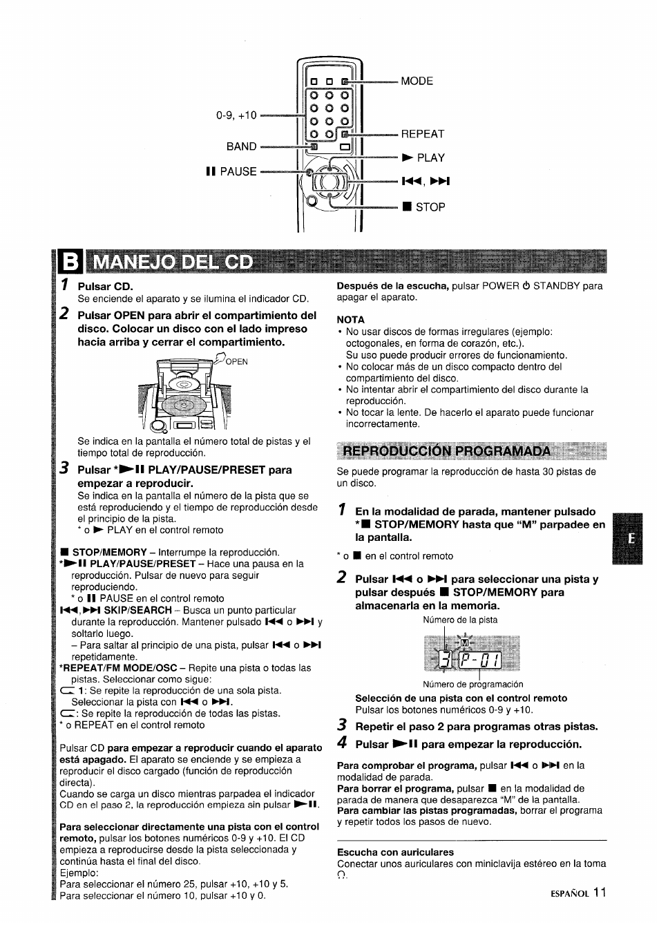 Nota, Reproducción programada, Escucha con auriculares | Aiwa CSD-ED87 User Manual | Page 11 / 20