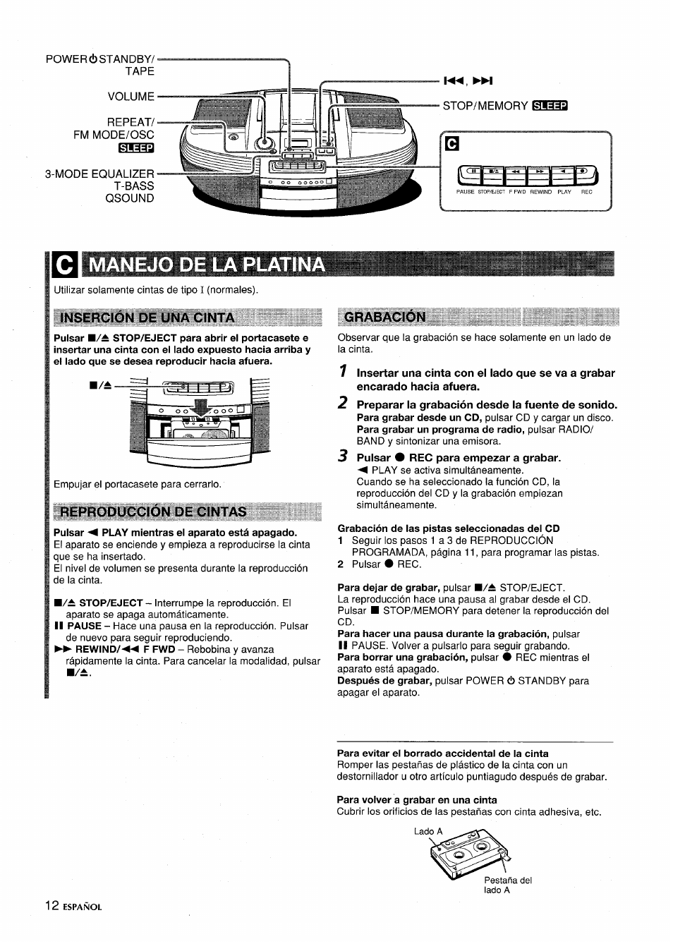 Ci manejo de la platin, Inserción de una cinta, Reproducción de cintas | Pulsar play mientras el aparato está apagado, Grabacion, Grabación de las pistas seleccionadas del cd, Para evitar el borrado accidental de la cinta, Para volver a grabar en una cinta, Bih3 | Aiwa CSD-ED87 User Manual | Page 12 / 20