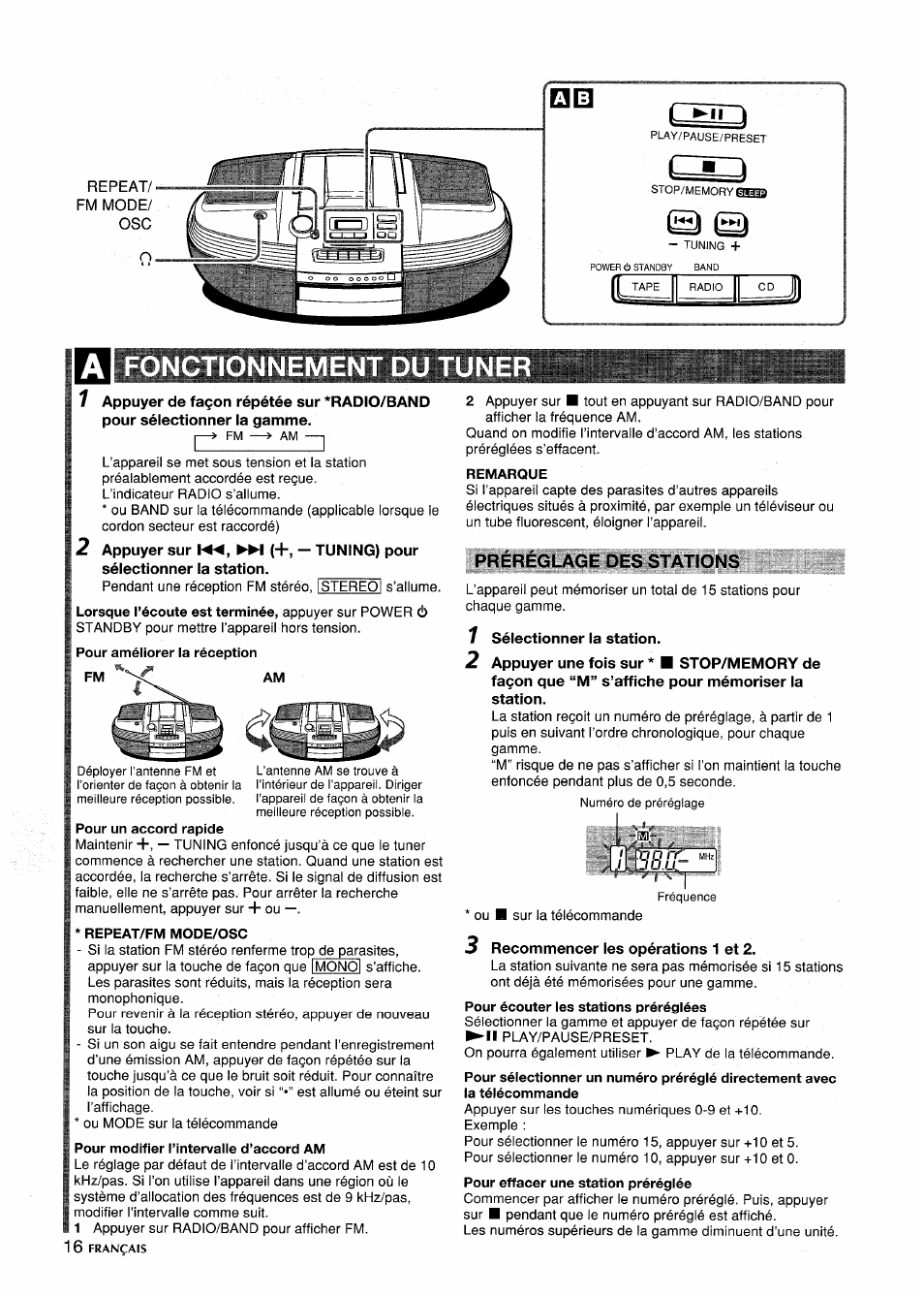 Fonctionnement du tune, Fm ^ am, Repeat/fm mode/osc | Pour modifier l’intervaiie d’accord am, Remarque, Préréglage des stations, Pour écouter les stations préréglées, Ctizii | Aiwa CSD-ED87 User Manual | Page 16 / 20