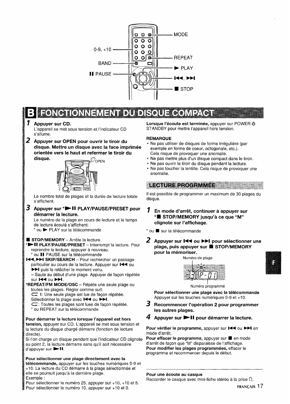Remarque, Lecture progrmmée, Pour sélectionner une plage avec la télécommande | Pour une écoute au casque | Aiwa CSD-ED87 User Manual | Page 17 / 20
