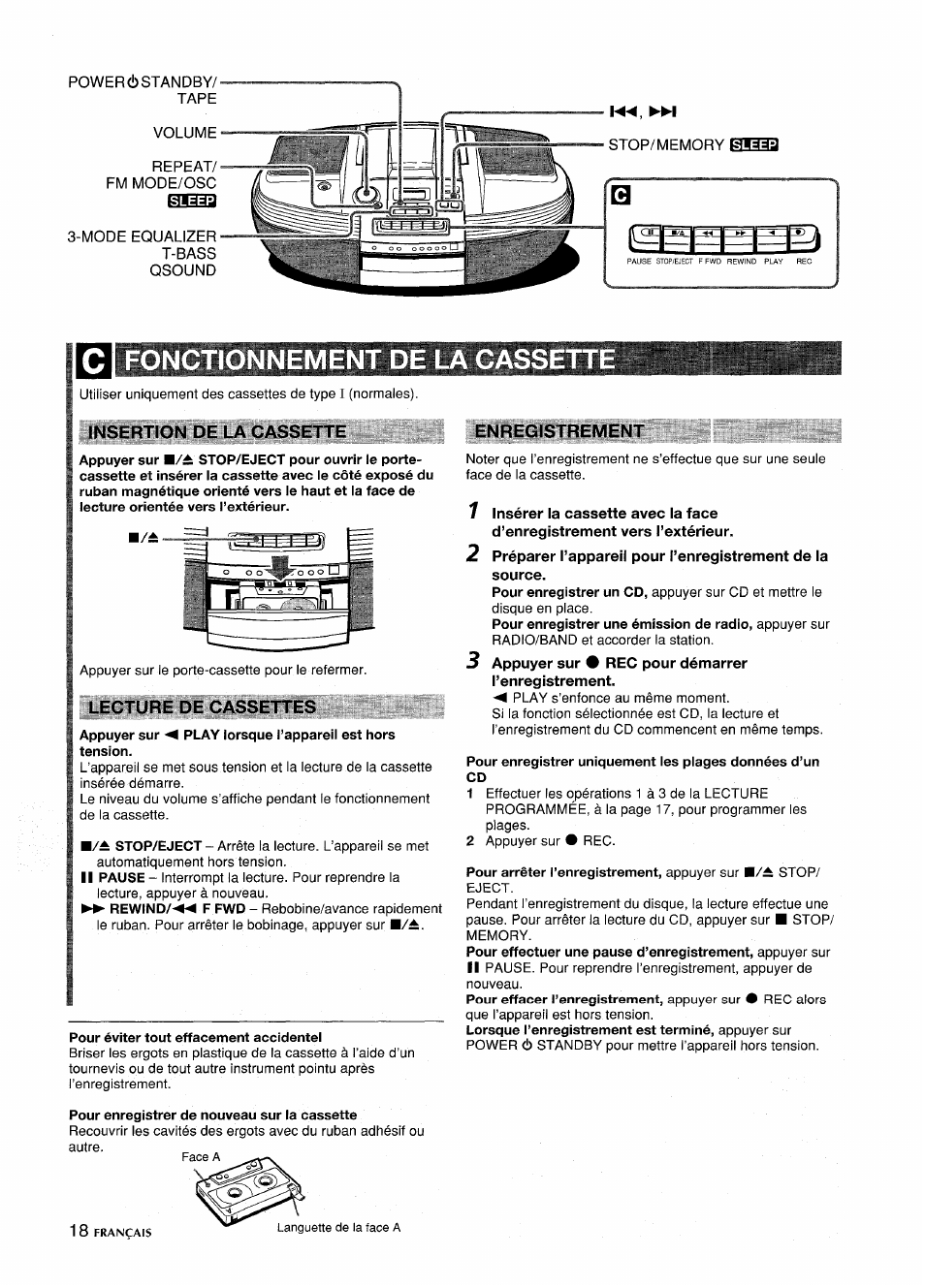 Ci fonctionnement de la cassette, Insertion de la cassette, Lecture de cassettes | Pour éviter tout effacement accidentel, Pour enregistrer de nouveau sur la cassette, Enregistrement | Aiwa CSD-ED87 User Manual | Page 18 / 20