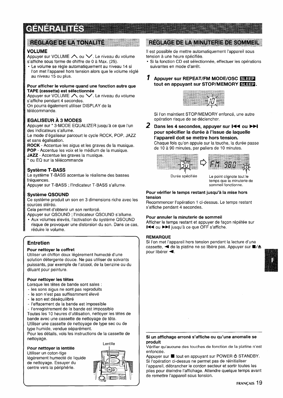 Réglage de la tonalité, Reglage de la minuterie de sommeil, Pour annuler la minuterie de sommeil | Remarque, Rj\ fr, 38ü | Aiwa CSD-ED87 User Manual | Page 19 / 20