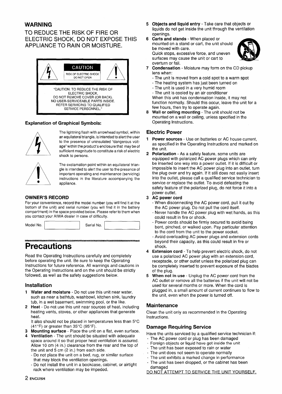 Warning, Precautions, Installation | Electric power, Maintenance, Damage requiring service | Aiwa CSD-ED87 User Manual | Page 2 / 20